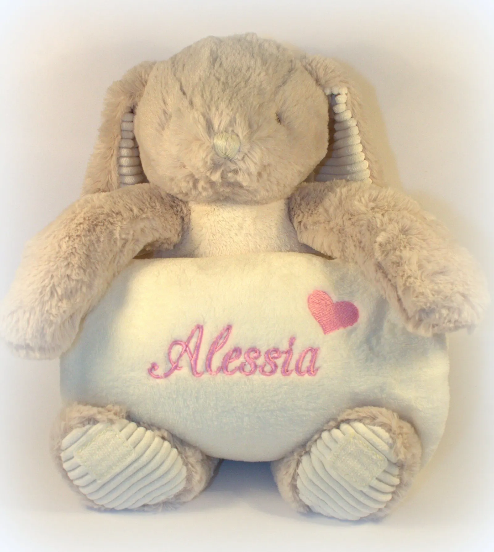 Personalised baby blanket and toy bunny embroidered with a name