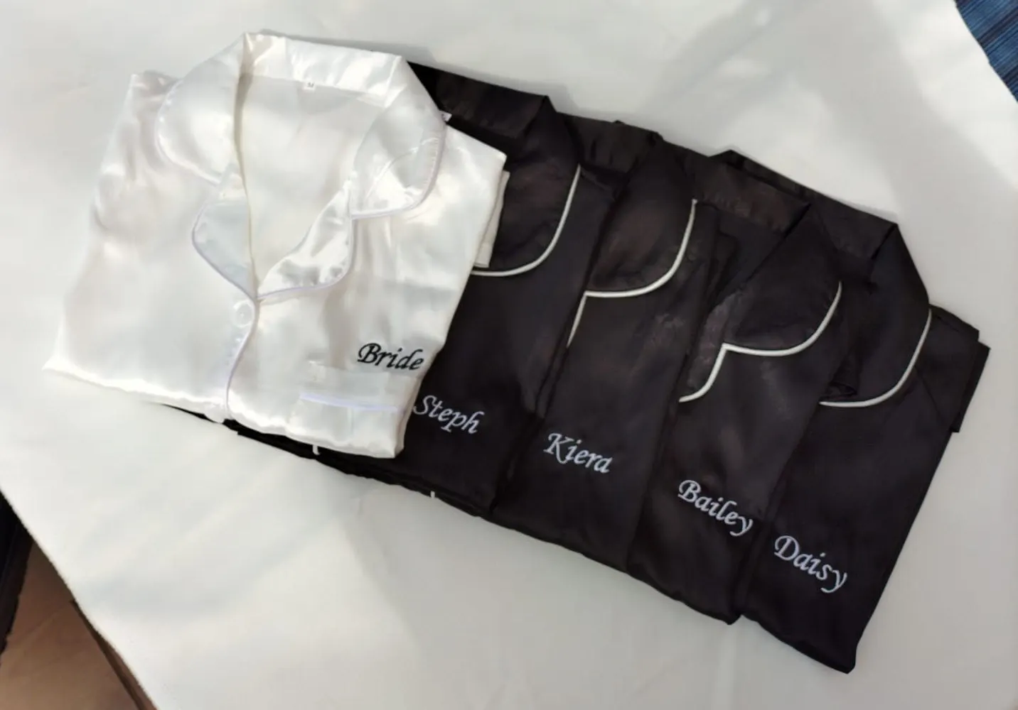 Pink silk bridal party pyjamas with personalised embroidery